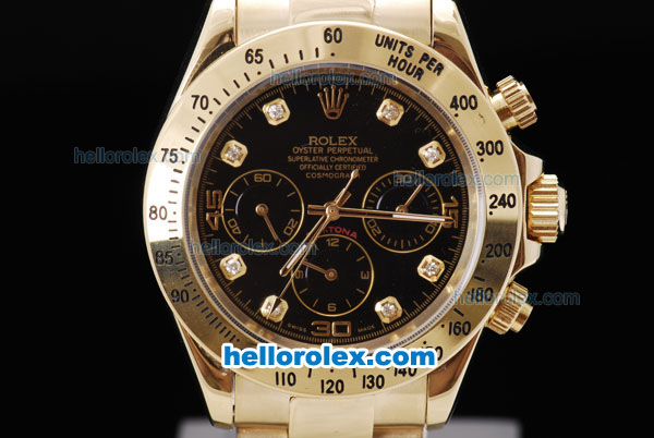 Rolex Daytona Chronograph Automatic Movement Full Gold with Black Dial and Diamond Mark - Click Image to Close